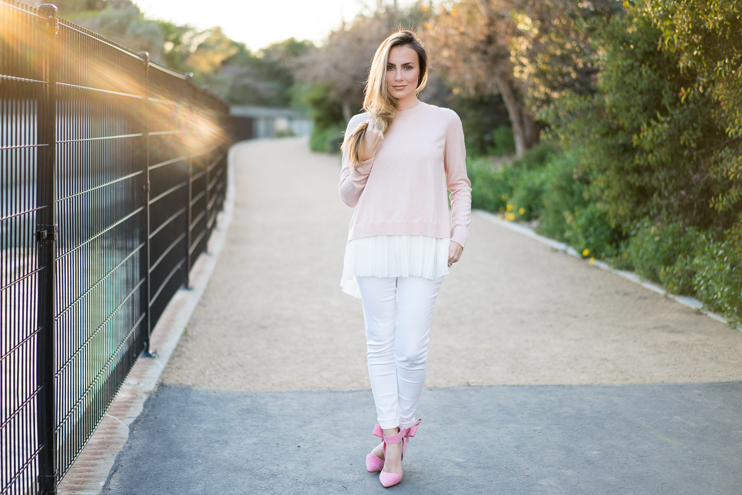 Ruffle Hem Shirt, Lilly Pulitzer White Jeans and Pink Bow Heels