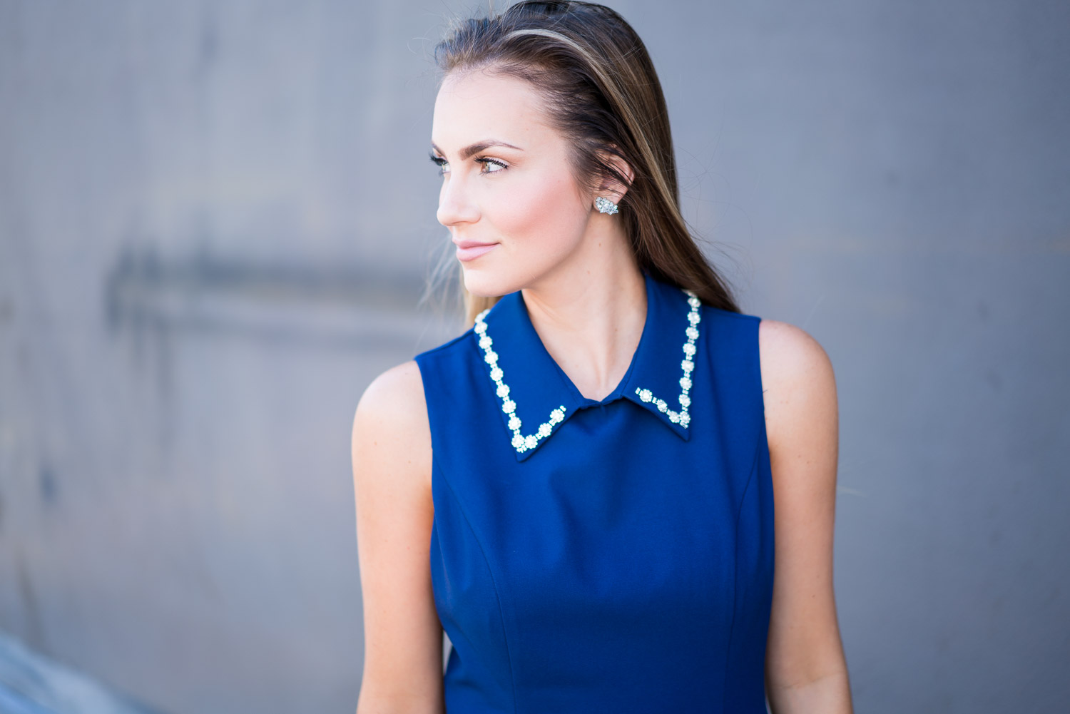 Navy Blue Dress embellished collar and nude heels