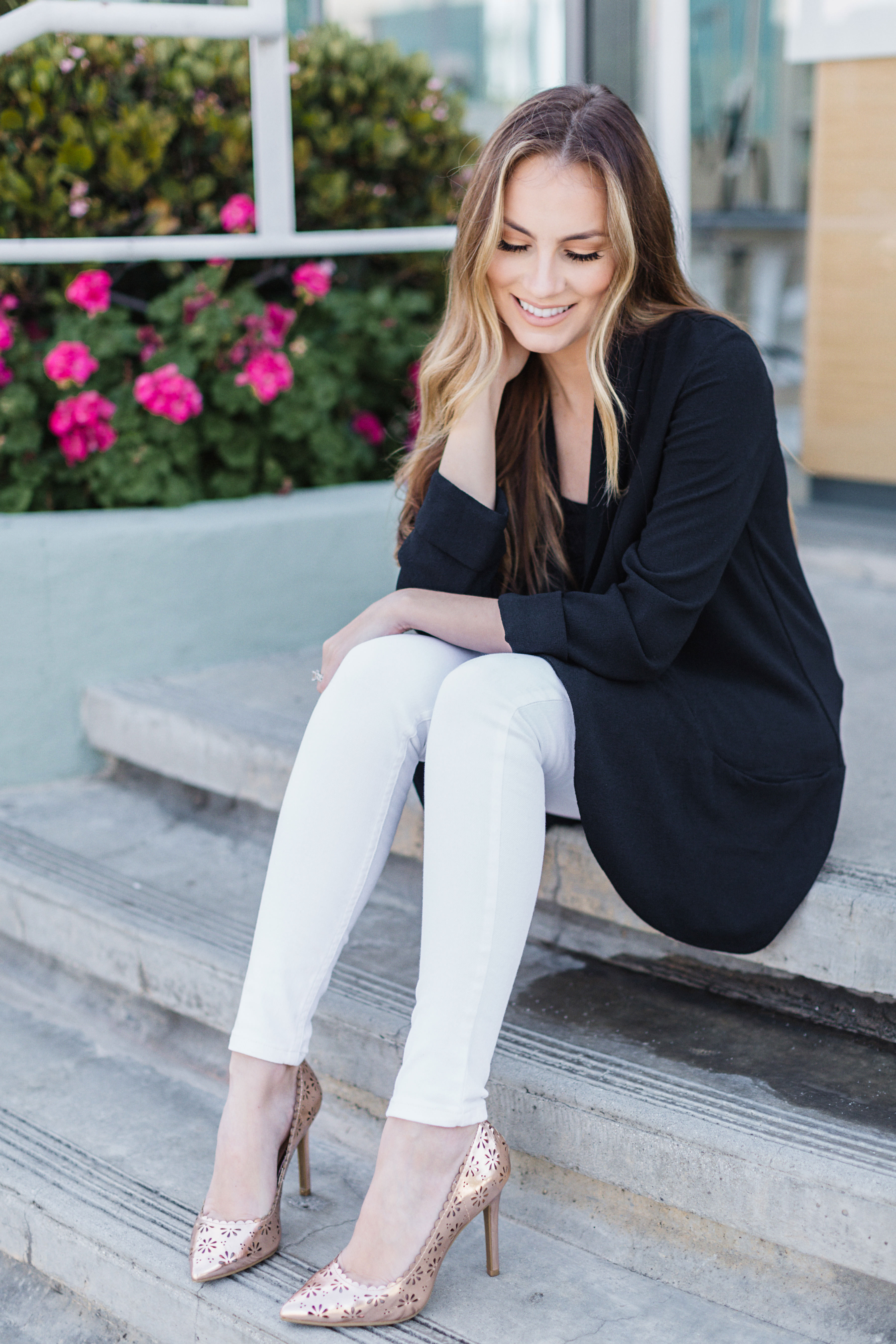 Lauren Conrad blazer, levi's white skinny jeans