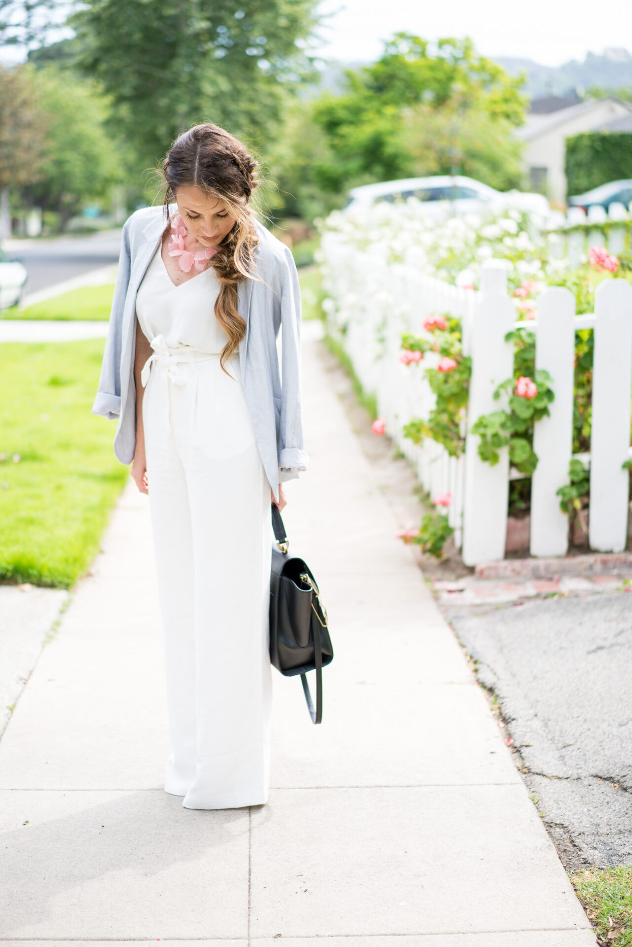 TopShop white tank top, chelsea28 wide legs white pants aritzia grey blazer