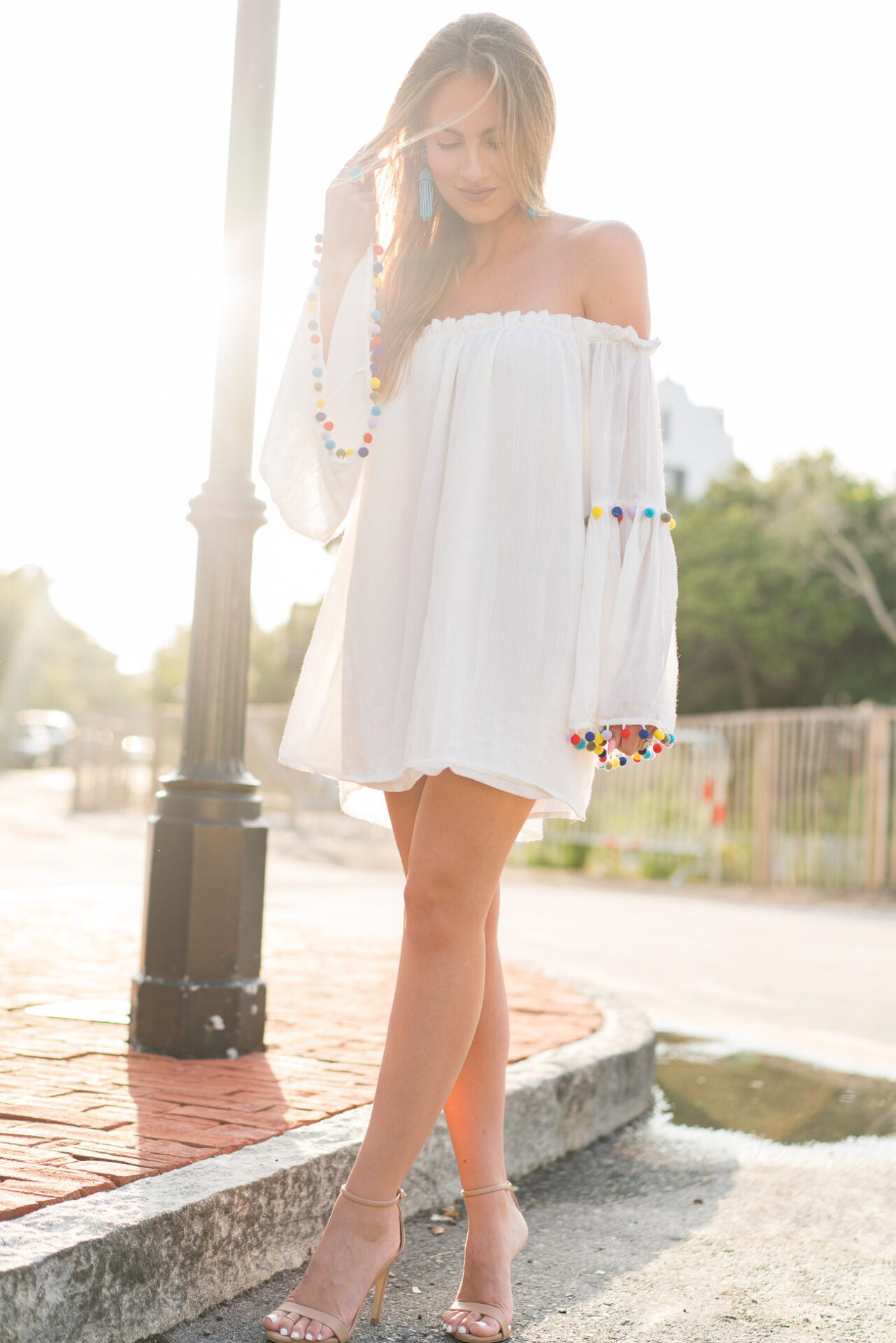 SheIn white beach dress pom pom trim angela lanter hello gorgeous