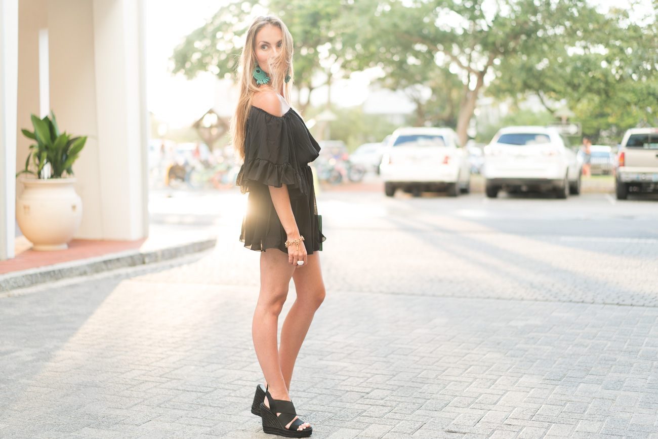 ruffled chiffon black romper turquoise earrings and SheIn online order review angela lanter hello gorgeous