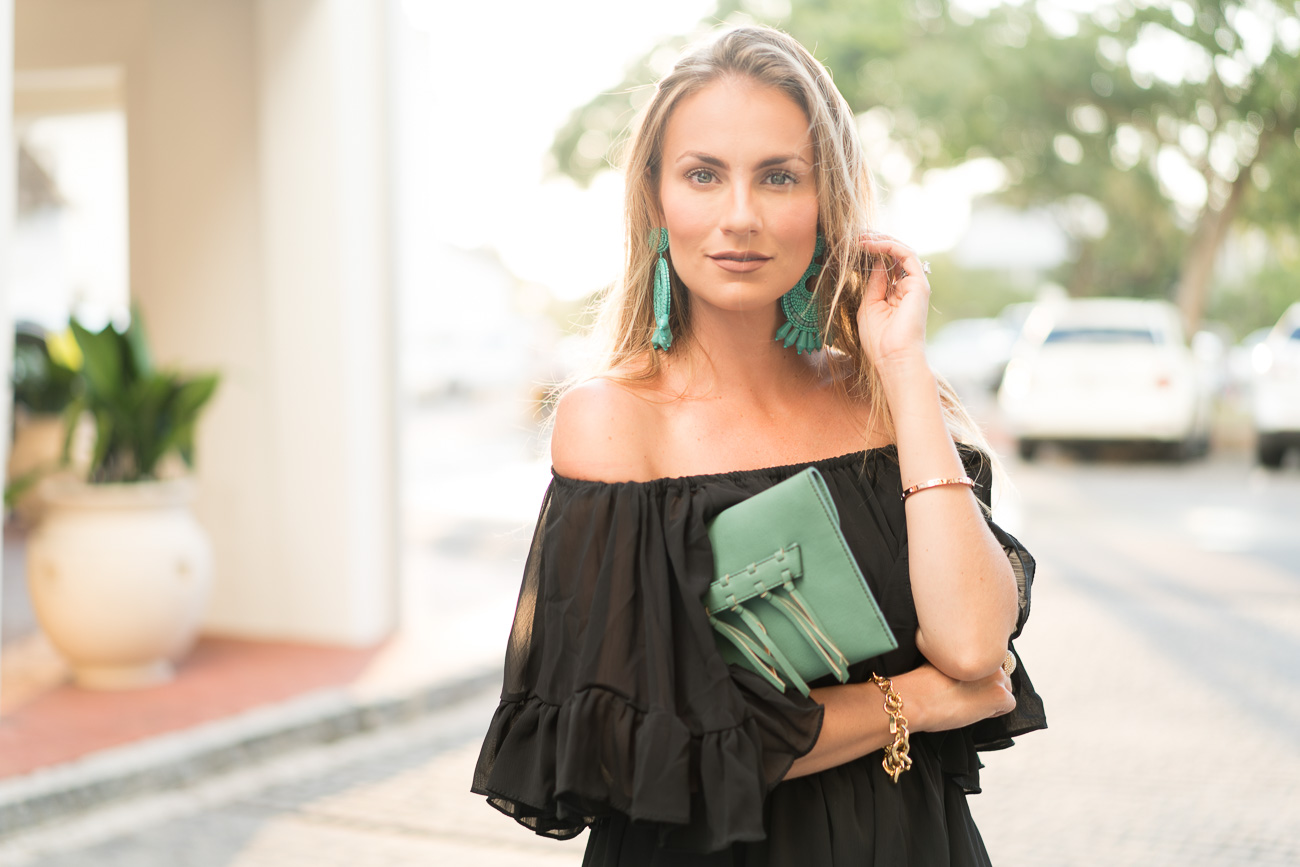 ruffled chiffon black romper turquoise earrings and SheIn online order review angela lanter hello gorgeous