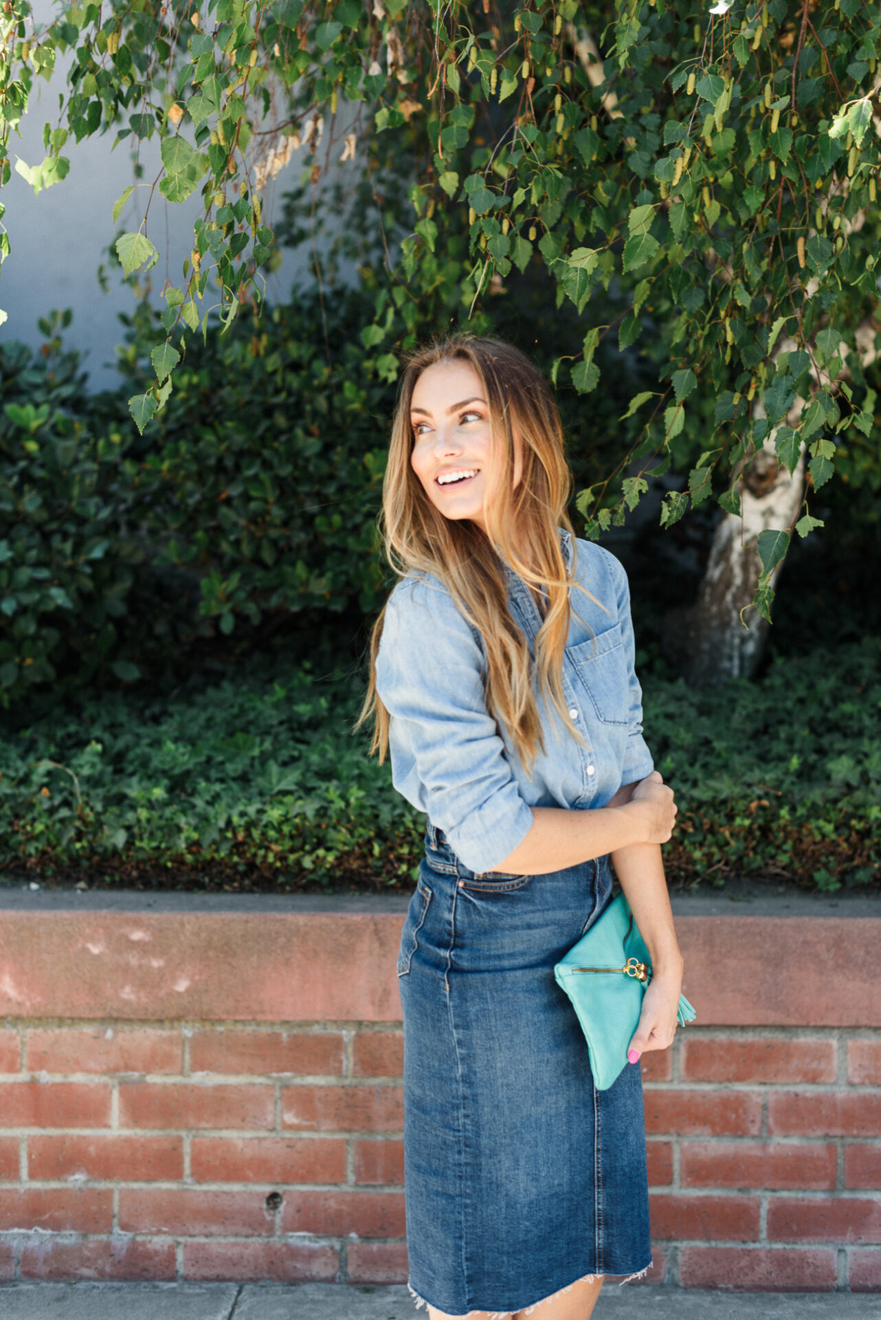 chambray J. Crew button up and denim Zara midi skirt denim-on-denim fall outfit angela lanter hello Gorgeous