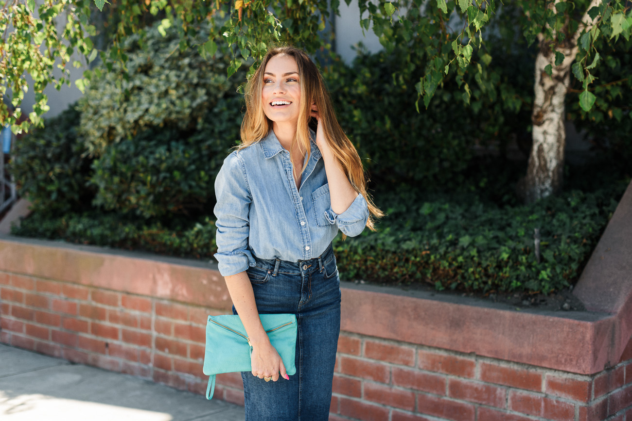 chambray J. Crew button up and denim Zara midi skirt denim-on-denim fall outfit angela lanter hello Gorgeous