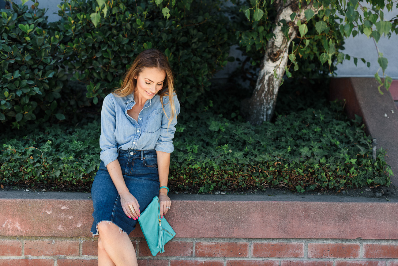 chambray J. Crew button up and denim Zara midi skirt denim-on-denim fall outfit angela lanter hello Gorgeous