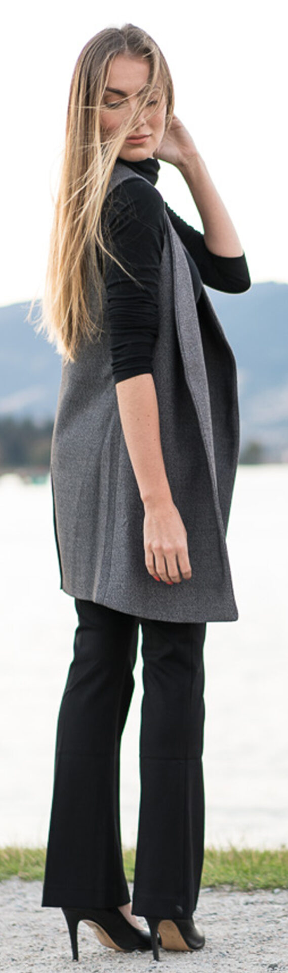 Fall Petit Style - Black total look with a simple gray vest. Angela Lanter - Hello Gorgeous