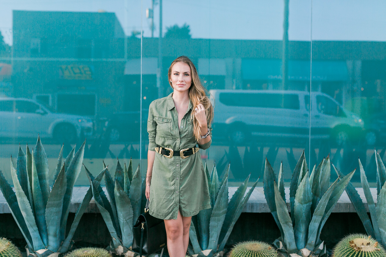 Army green shirt dress b-low the belt double gold buckle belt black vince camuto booties angela lanter fall style outfit hello gorgeous