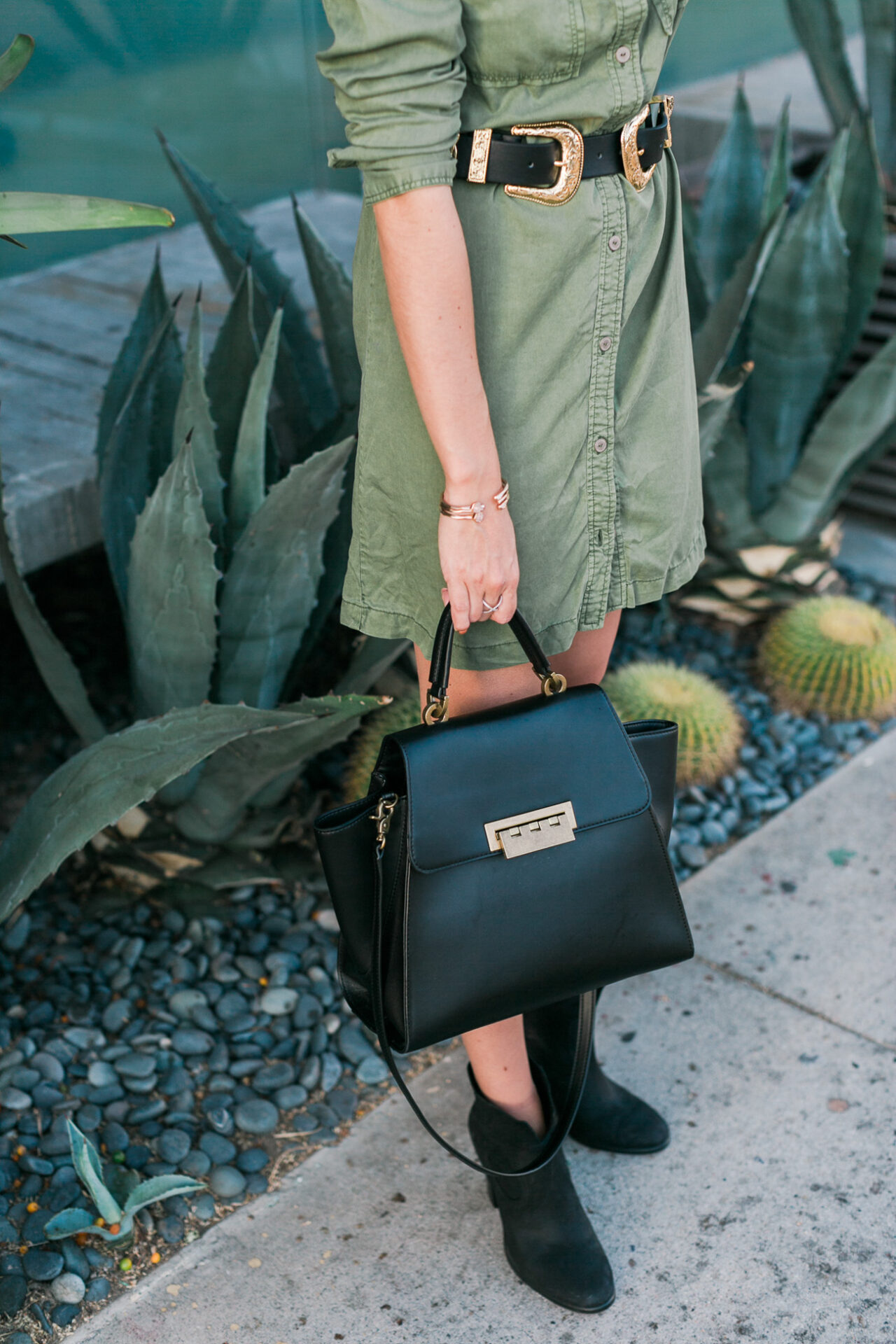 Army green shirt dress b-low the belt double gold buckle belt black vince camuto booties angela lanter fall style outfit hello gorgeous