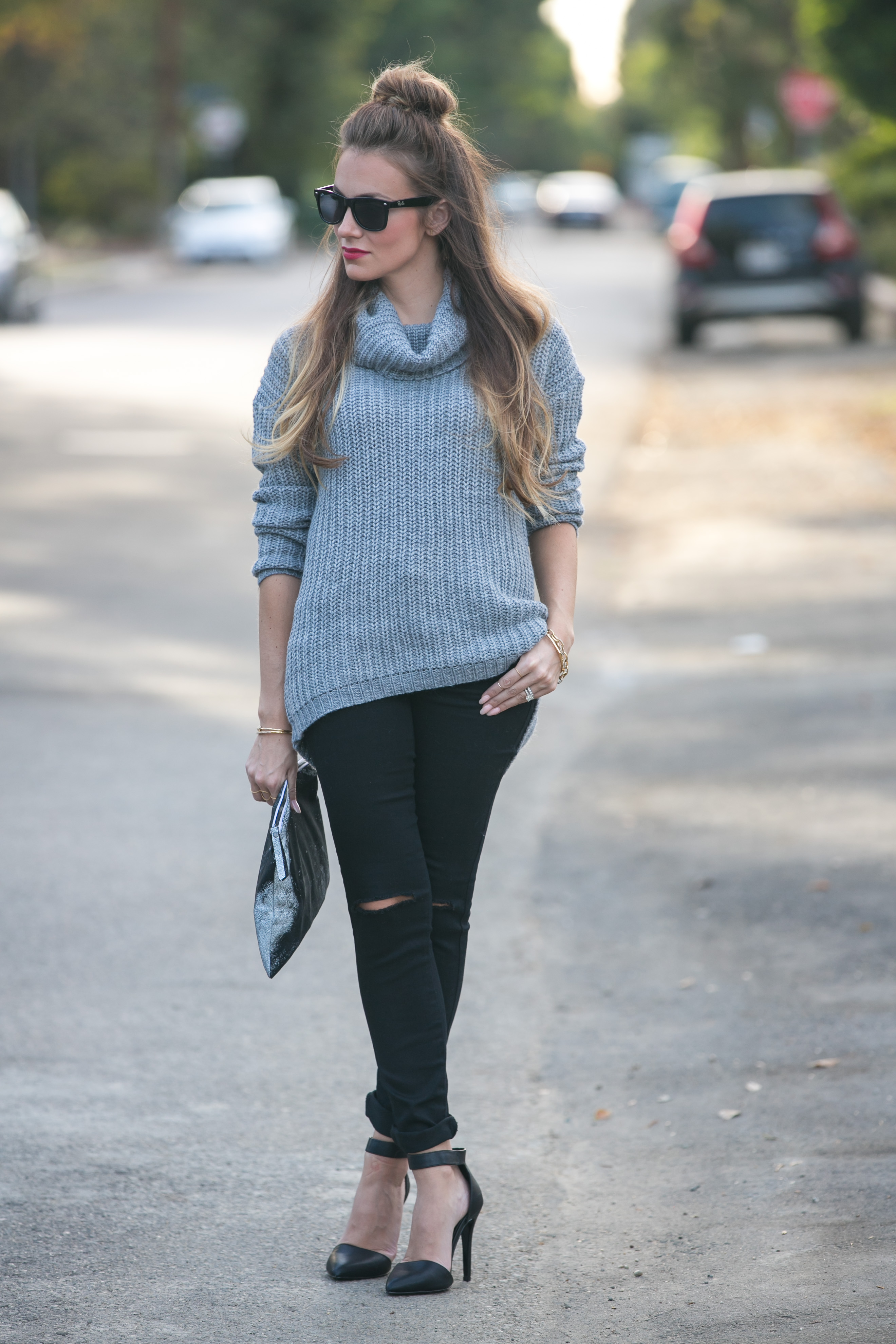 forever 21 chunky grey turtleneck sweater distressed skinny black jeans fall outfit inspo angela lanter hello gorgeous
