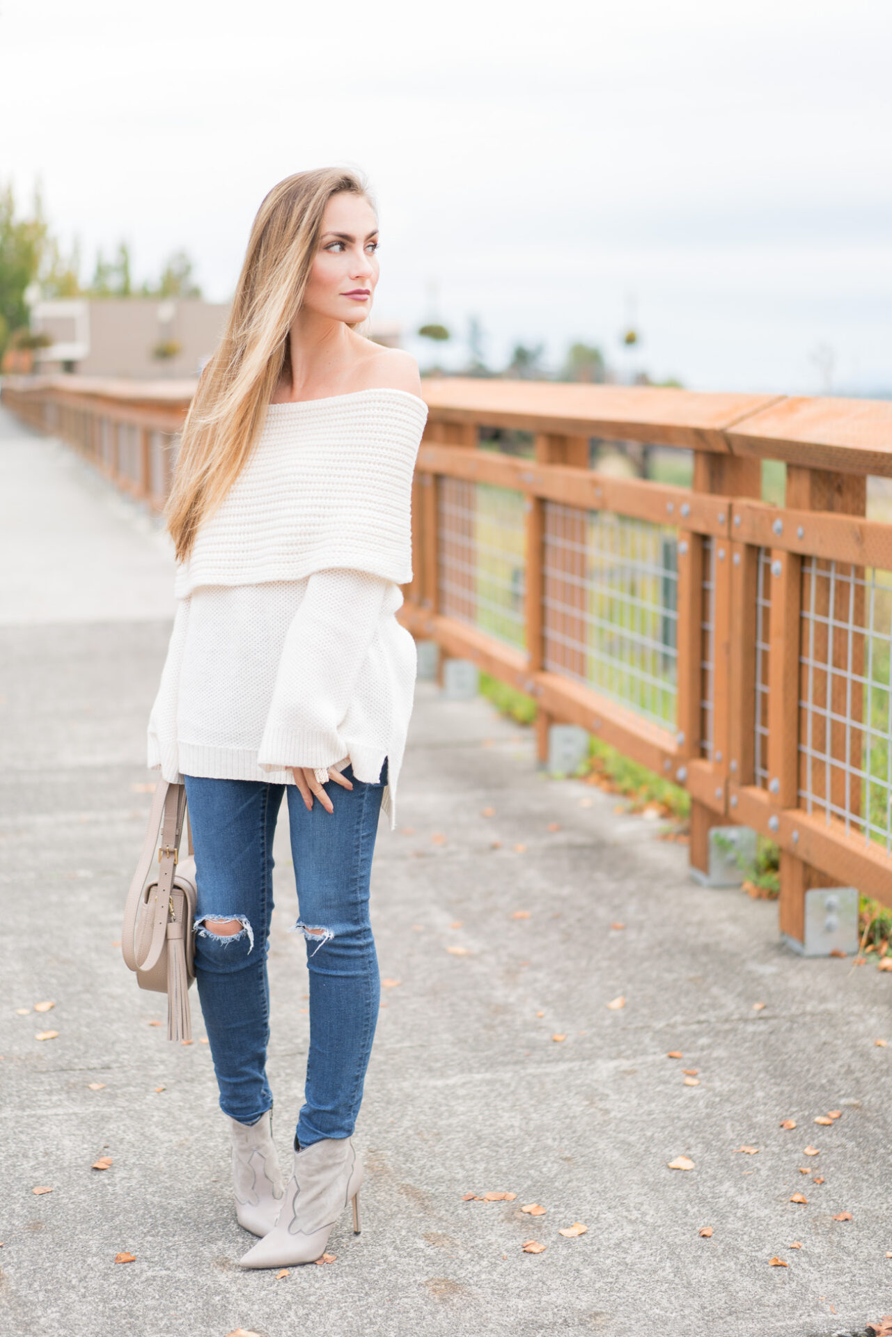 Off the shoulder cream Nordstrom sweater distressed skinny jeans and sam edelman Bradley booties angela lanter hello gorgeous