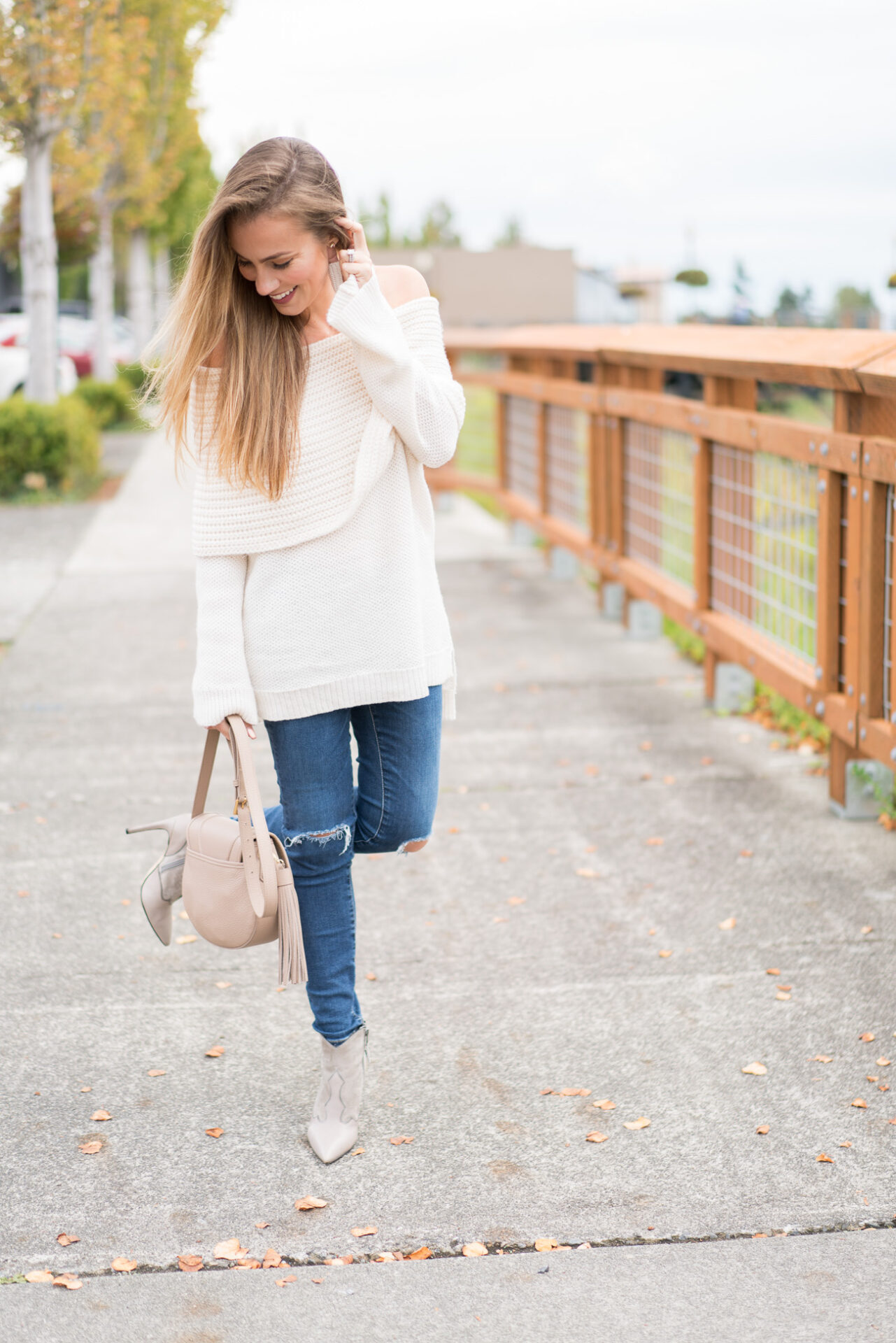 Off the shoulder cream Nordstrom sweater distressed skinny jeans and sam edelman Bradley booties angela lanter hello gorgeous