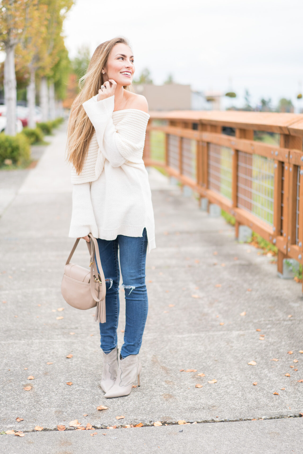 Off the shoulder cream Nordstrom sweater distressed skinny jeans and sam edelman Bradley booties angela lanter hello gorgeous