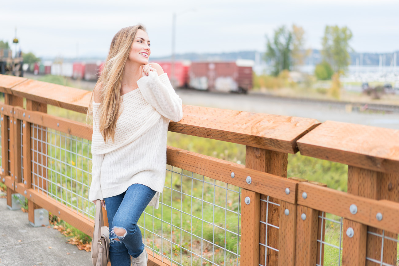 Off the shoulder cream Nordstrom sweater distressed skinny jeans and sam edelman Bradley booties angela lanter hello gorgeous