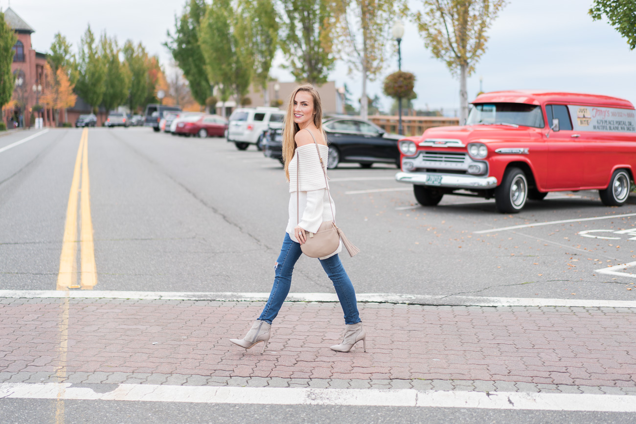 Off the shoulder cream Nordstrom sweater distressed skinny jeans and sam edelman Bradley booties angela lanter hello gorgeous