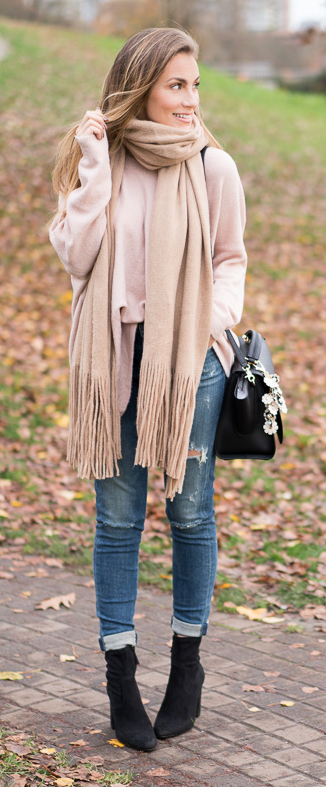 Fall Outfit: Blush Sweater - Legging Ankle Jeans - Scarf - Booties - Zac Zac Posen Handbag - Spring Earthette Floral Charm. Angela Lanter - Hello Gorgeous.