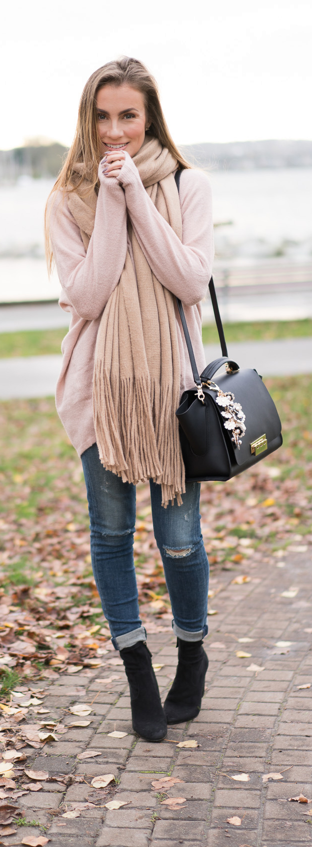 Fall Outfit: Blush Sweater - Legging Ankle Jeans - Scarf - Booties - Zac Zac Posen Handbag - Spring Earthette Floral Charm. Angela Lanter - Hello Gorgeous.