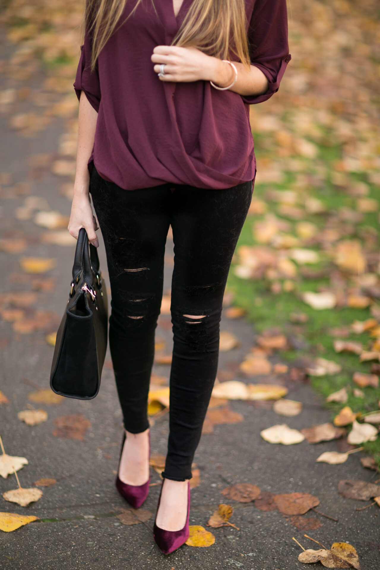 Nordstrom fall outfit lush burgundy twist front button up blouse black distressed frame denim skinny jeans sam edelman burgundy velvet heels angela lanter hello gorgeous