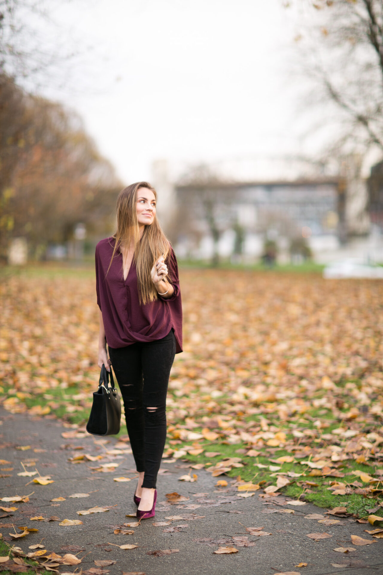 Nordstrom fall outfit lush burgundy twist front button up blouse black distressed frame denim skinny jeans sam edelman burgundy velvet heels angela lanter hello gorgeous