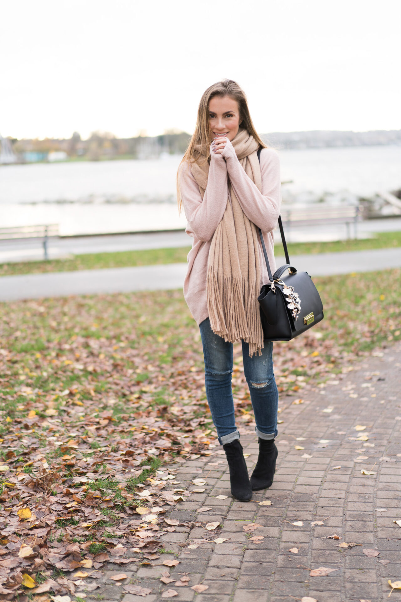 My Blogging Story blush pink sweater distressed skinny jeans black booties free people oversized scarf nordstrom casual outfit of the day angela lanter hello gorgeous