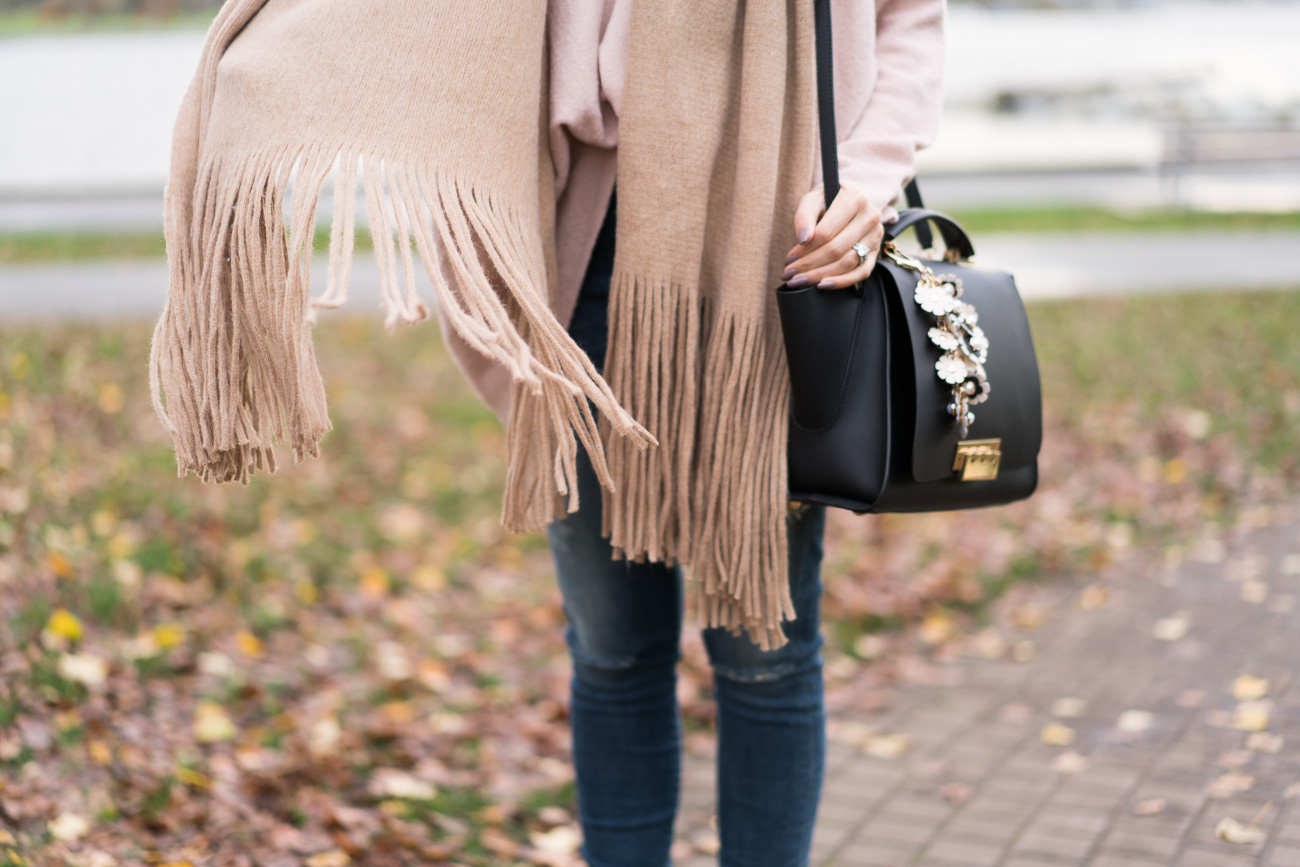 My Blogging Story blush pink sweater distressed skinny jeans black booties free people oversized scarf nordstrom casual outfit of the day angela lanter hello gorgeous