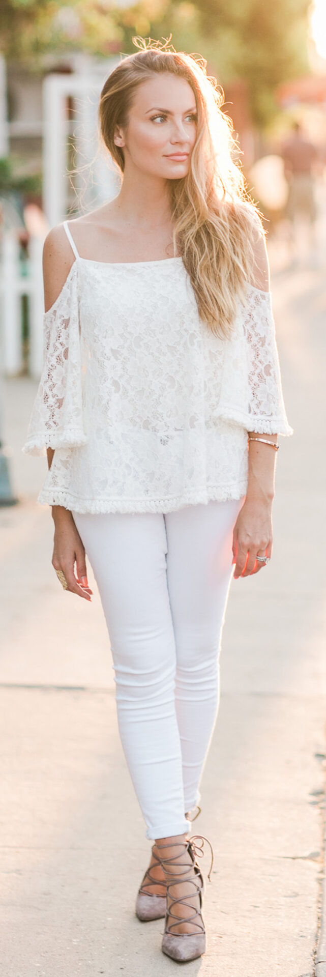 Angela Lanter - Hello Gorgeous Outfit: Cold Shoulder Top, Skinny Jeans, Heels, Necklace, Ring and Bracelet.