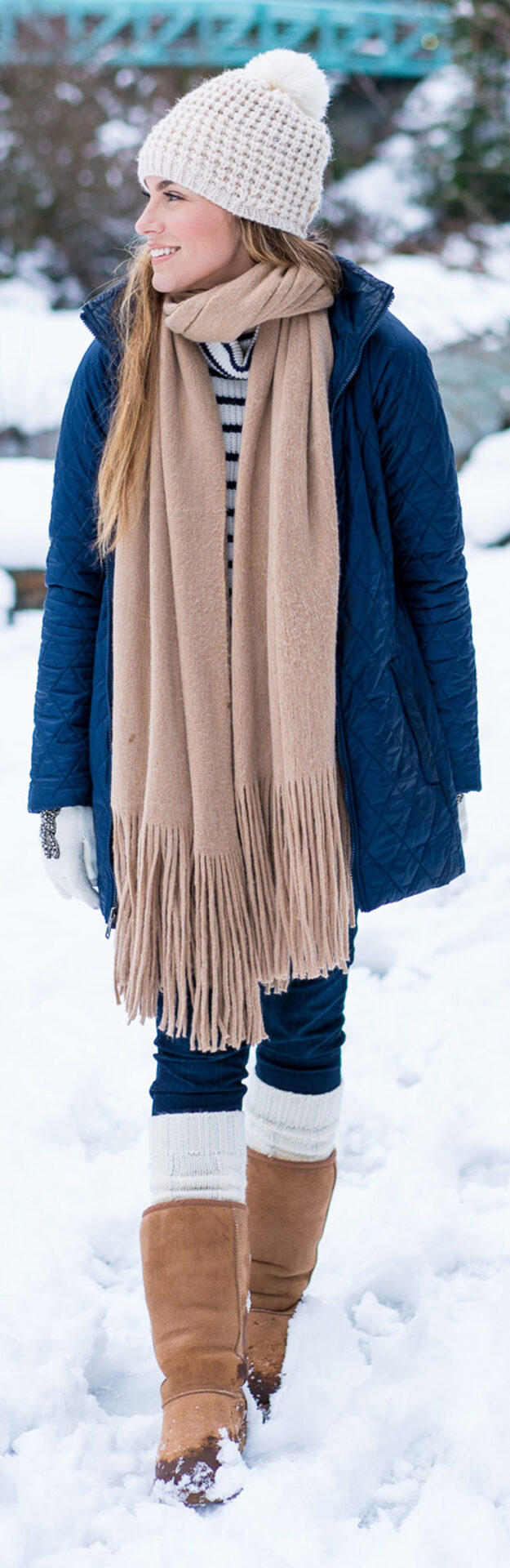 Stripe Turtleneck Sweater, Hudson High Waist Skinny Jeans, The North Face Coat, Beanie, Fringe Scarf, uggs. Angela Lanter from Hello Gorgeous, outfits.