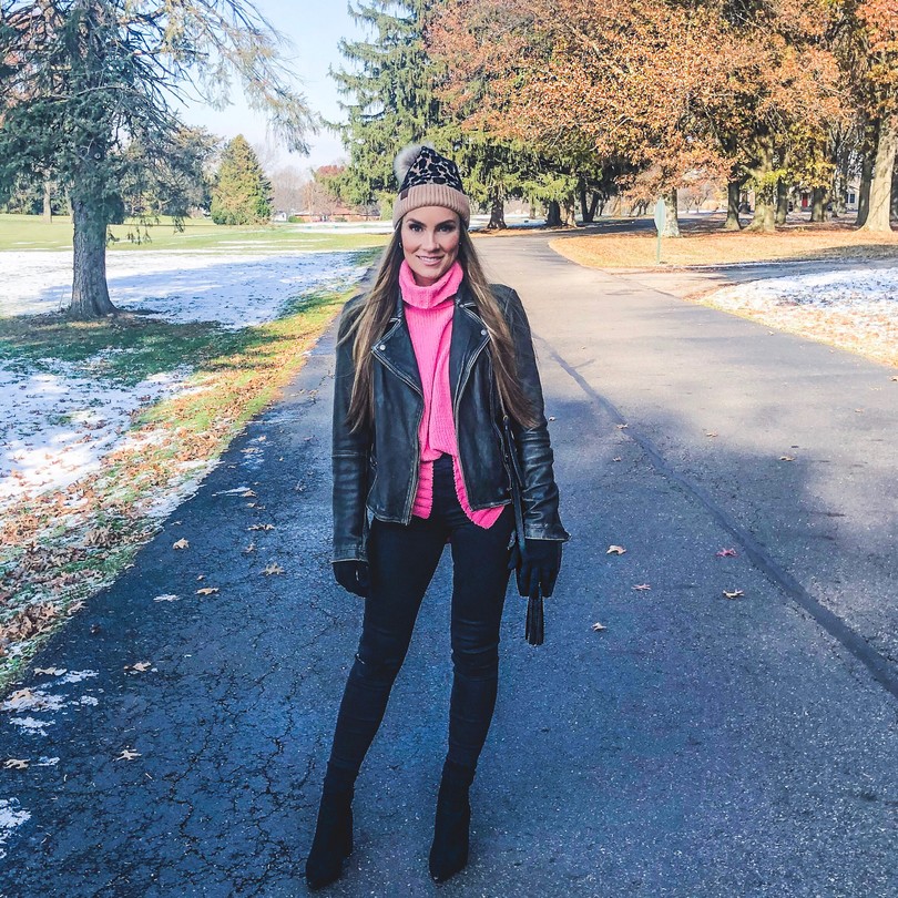 angela lanter hello gorgeous fall winter style hot pink sweater leather allsaint leatehr coat leopard beanie skinny jeans ootd casual outerwear for cold weather