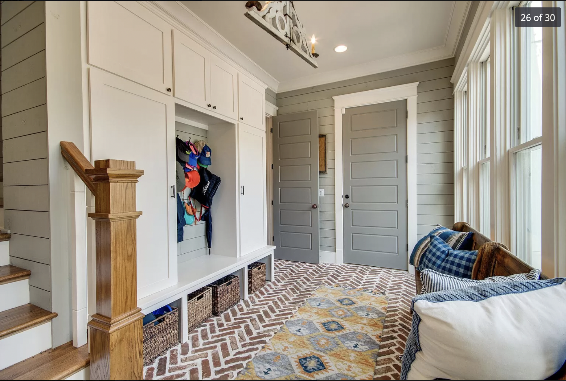 Nashville TN mudroom farmhouse style white cabinetry gray shiplap