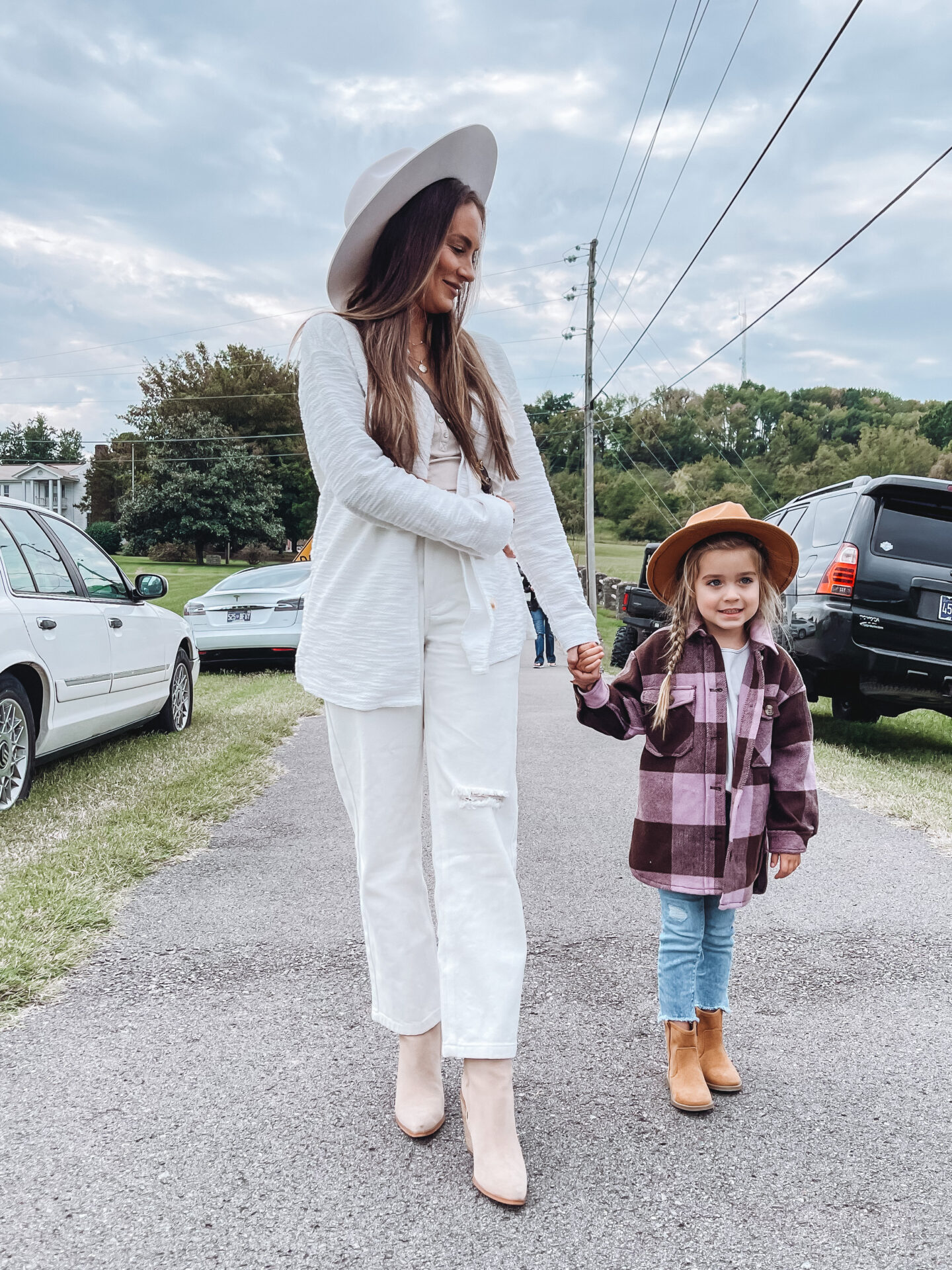 fall fashion for kids toddler girl plaid shacket, felt fedora hat and denim 2022 angela lanter lifestyle fashion blogger