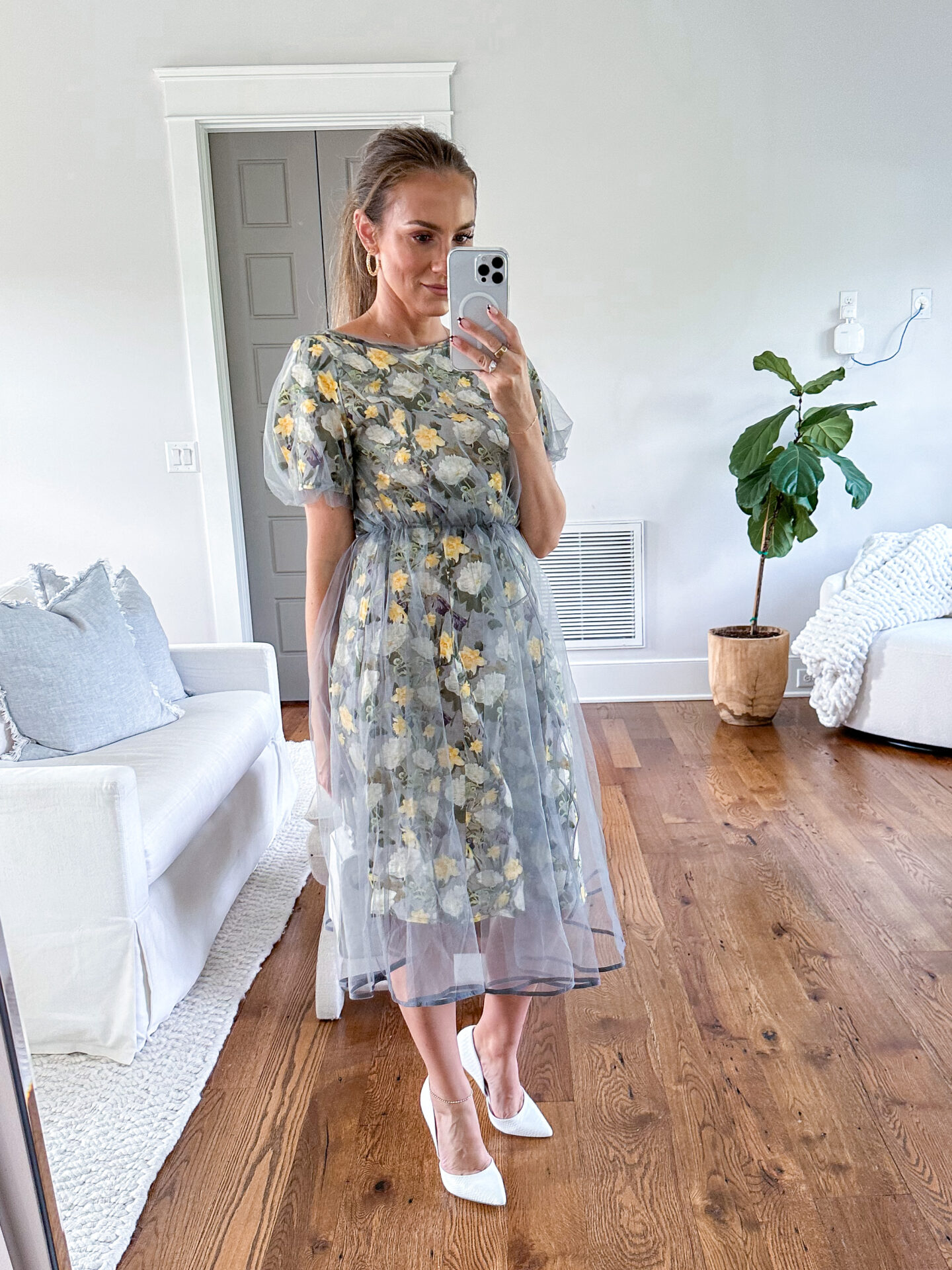 S. Deer floral A-line linen dress styled by fashion blogger Angela Lanter