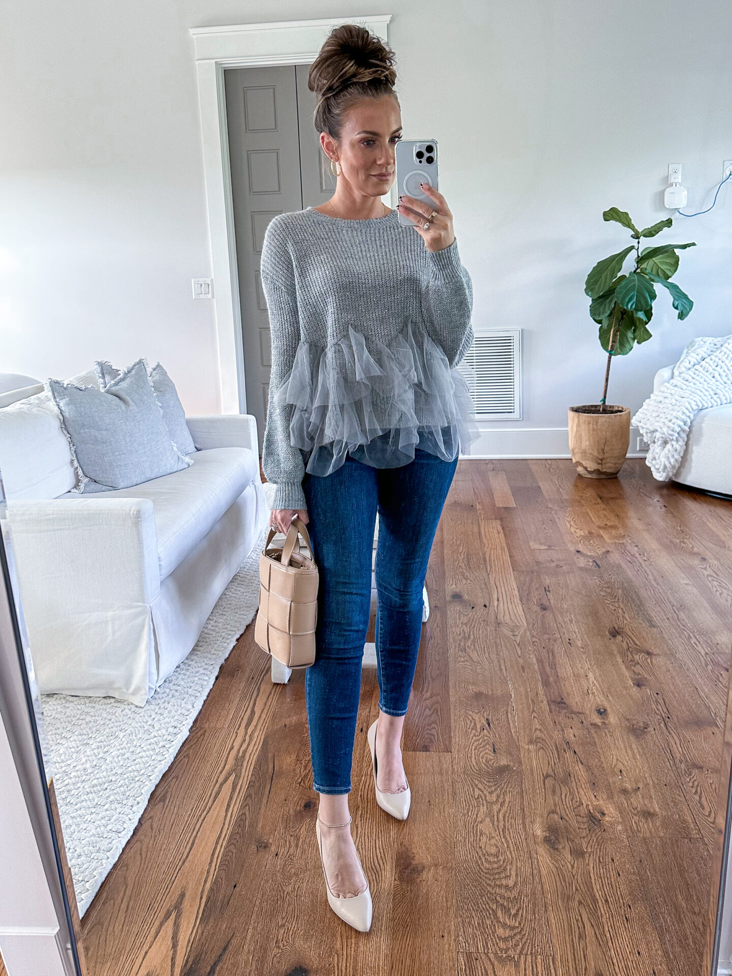 Bright Silk Mesh Spliced Wool Sweater styled by fashion blogger Angela Lanter