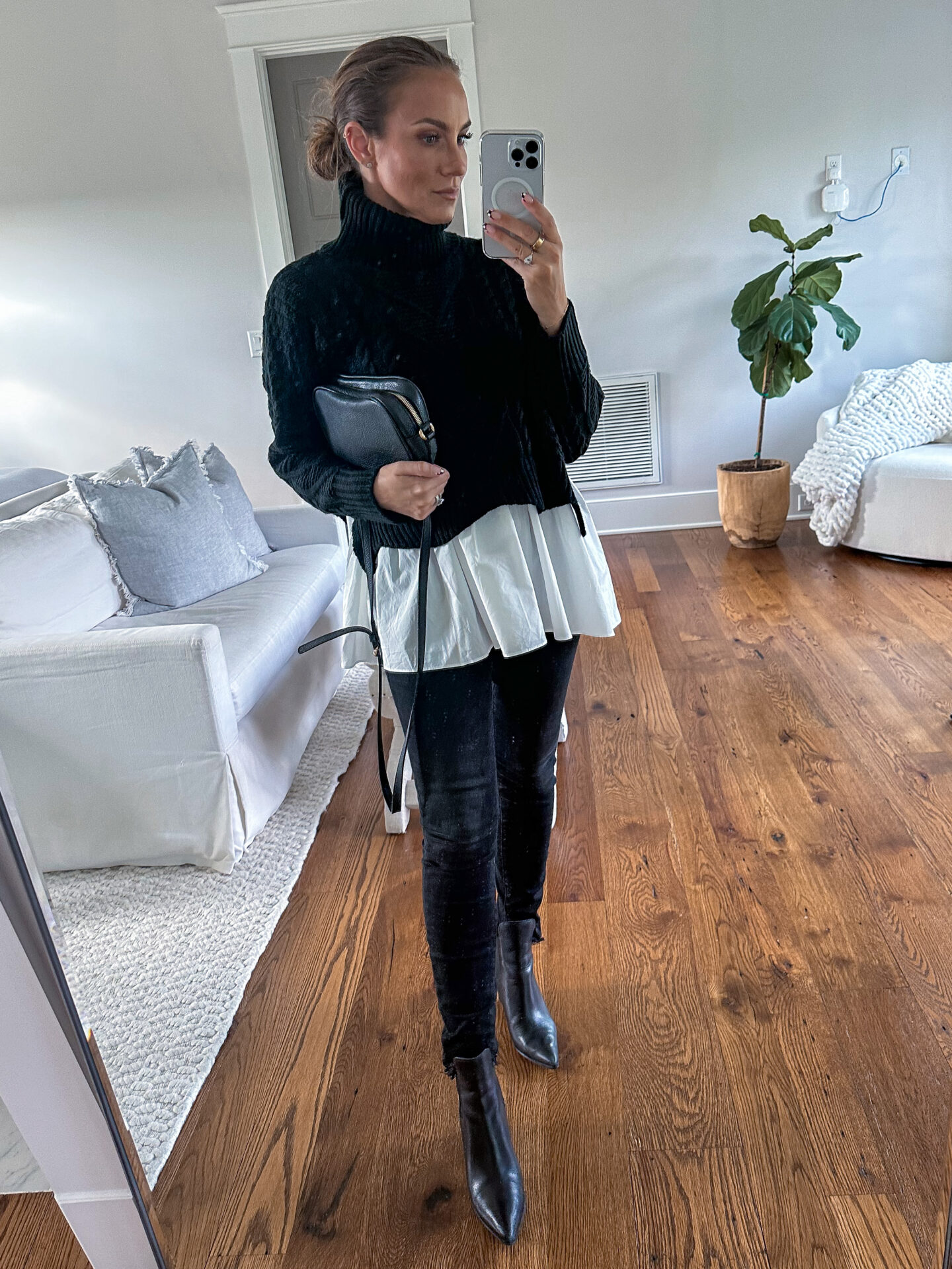 High Neck Stitching Loose Sweater from S. Deer styled by fashion blogger Angela Lanter