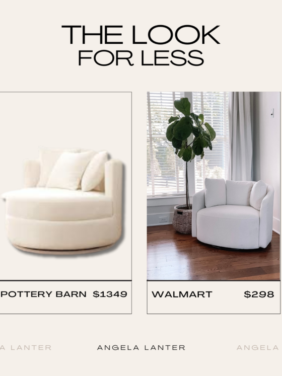 Pottery Barn swivel chair dupe from Walmart under $300! By lifestyle blogger Angela Lanter