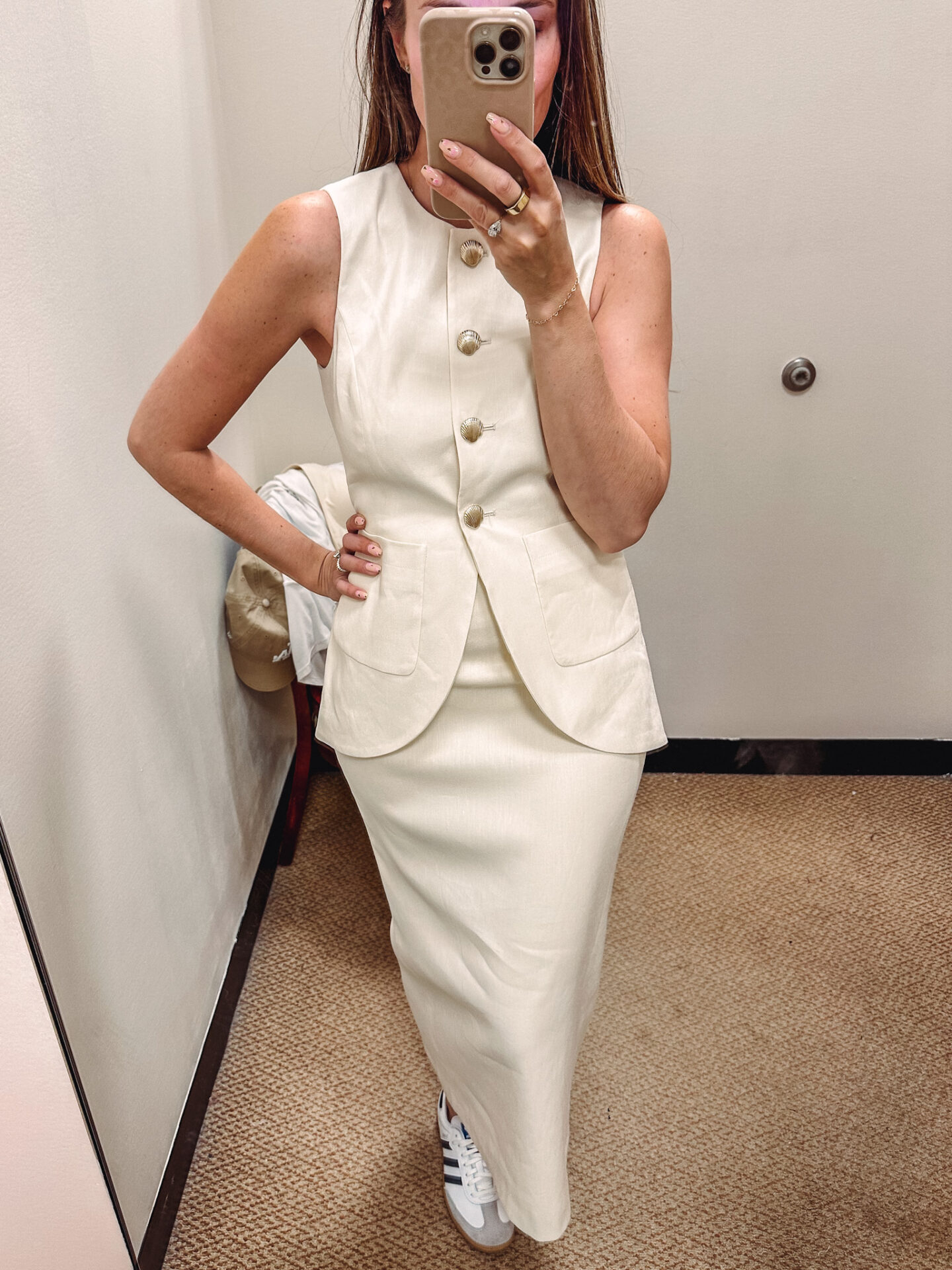 My Favorite Pieces From Dillard's Exclusive Brand: Antonio Melani X M.G. Style. Fashion blogger Angela Lanter wearing the x M.G. Style Nautical x M.G. Style Sophia Linen Blend Gold Shell Patch Pocket Coordinating Vest and Riviera Coordinating Linen Blend Skirt