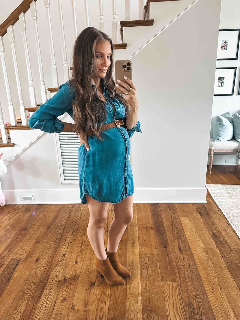 second trimester cute pregnancy outfits by lifestyle blogger angela lanter denim dress
