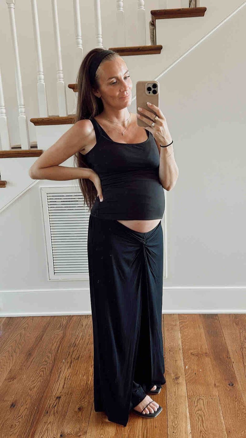 second trimester cute pregnancy outfits by lifestyle blogger angela lanter wearing Bumpuit