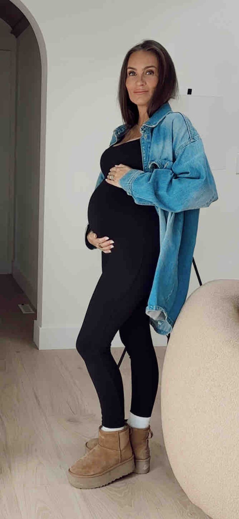 second trimester cute pregnancy outfits by lifestyle blogger angela lanter wearing Bumpuit