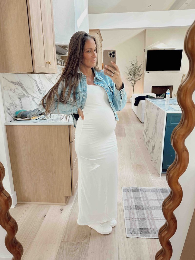 second trimester cute pregnancy outfits by lifestyle blogger angela lanter wearing Bumpuit